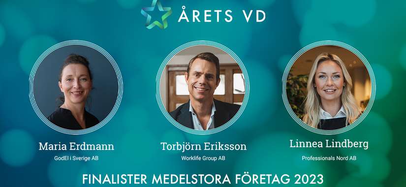 Finalisterna i Årets VD 2023 - Kategori Medelstora företag: Maria Erdmann - GodEl i Sverige AB, Torbjörn Eriksson - Worklife Group AB & Linnea Lindberg - Professionals Nord AB