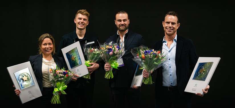 Vinnare av utmärkelsen Årets VD 2023: Malin Kindstedt - ALFRED Consulting AB, Truls Christenson - Rescued Fruits AB, David von Laskowski, Picadeli & Greenfood Group och Torbjörn Eriksson, Worklife Group AB.