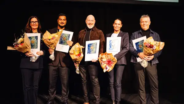 Vinnare av utmärkelsen Årets VD 2025: Marita Bertilson - Specsavers Sverige, Ross Montazeri – Aura Personal, Michael Swall – Pilotage Development, Anna Kleine – Fellowmind Sweden och Per-Anders Marberg – Bengt Dahlgren Brand & Risk.