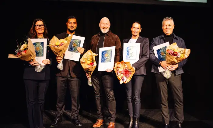 Vinnare av utmärkelsen Årets VD 2025: Marita Bertilson - Specsavers Sverige, Ross Montazeri – Aura Personal, Michael Swall – Pilotage Development, Anna Kleine – Fellowmind Sweden och Per-Anders Marberg – Bengt Dahlgren Brand & Risk.