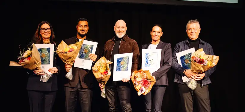 Vinnare av utmärkelsen Årets VD 2025: Marita Bertilson - Specsavers Sverige, Ross Montazeri – Aura Personal, Michael Swall – Pilotage Development, Anna Kleine – Fellowmind Sweden och Per-Anders Marberg – Bengt Dahlgren Brand & Risk.