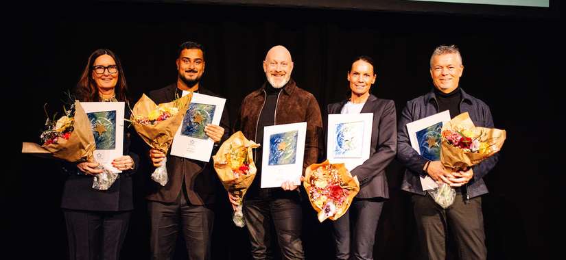 Vinnare av utmärkelsen Årets VD 2025: Marita Bertilson - Specsavers Sverige, Ross Montazeri – Aura Personal, Michael Swall – Pilotage Development, Anna Kleine – Fellowmind Sweden och Per-Anders Marberg – Bengt Dahlgren Brand & Risk.