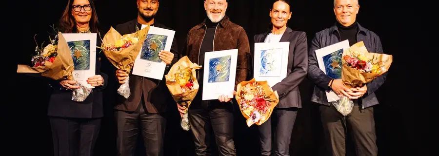 Vinnare av utmärkelsen Årets VD 2025: Marita Bertilson - Specsavers Sverige, Ross Montazeri – Aura Personal, Michael Swall – Pilotage Development, Anna Kleine – Fellowmind Sweden och Per-Anders Marberg – Bengt Dahlgren Brand & Risk.