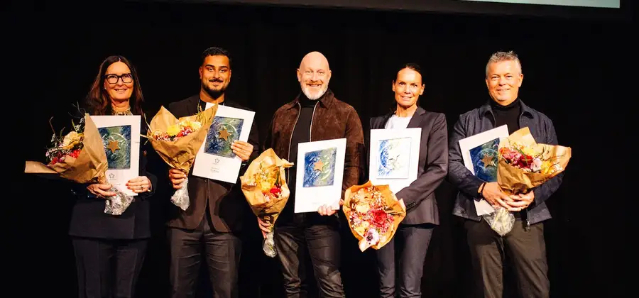 Vinnare av utmärkelsen Årets VD 2025: Marita Bertilson - Specsavers Sverige, Ross Montazeri – Aura Personal, Michael Swall – Pilotage Development, Anna Kleine – Fellowmind Sweden och Per-Anders Marberg – Bengt Dahlgren Brand & Risk.