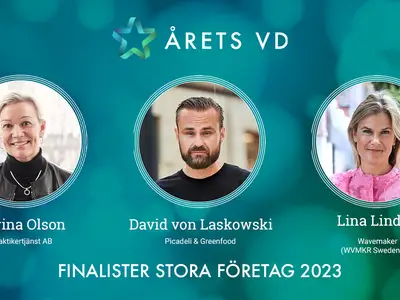 Finalisterna i Årets VD 2023 - Kategori Medelstora företag: Carina Olson - Praktikertjänst AB, David von Laskowski - Picadeli & Greenfood och Lina Lindén, Wavemaker (WVMKR Sweden AB).