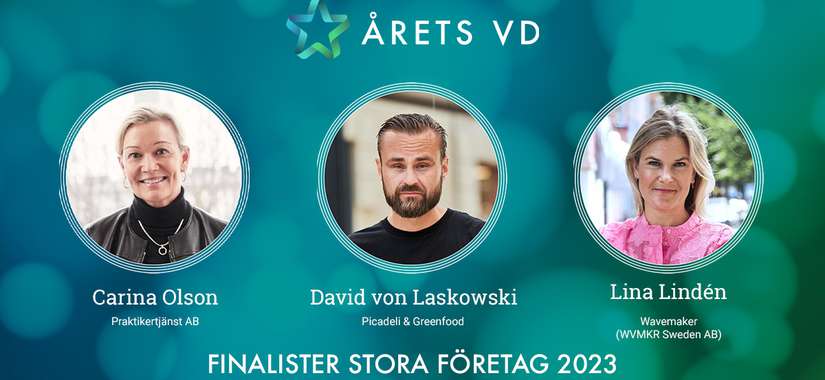Finalisterna i Årets VD 2023 - Kategori Medelstora företag: Carina Olson - Praktikertjänst AB, David von Laskowski - Picadeli & Greenfood och Lina Lindén, Wavemaker (WVMKR Sweden AB).