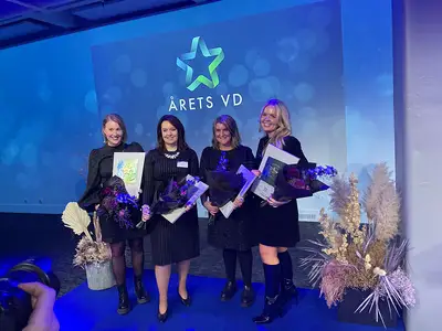 Vinnarna av utmärkelsen Årets VD 2022. Medelstora företag: Åsa Granlund, AA Logistik AB, Stora företag: Anna Borg, Vattenfall AB, Små företag: Tove Sventoft, Sibab Interior AB och Årets Unga VD: Madelene Törnblom, Maya Delorez AB.