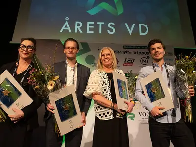 Vinnare av utmärkelsen Årets VD 2024: F.v. Maria Erdmann, GodEl i Sverige AB - medelstora företag, Oliver Lundgren, Skolon AB - små företag, Jessica Öberg, Combitech AB - stora företag och Jonathan Ortheden, Compileit Sweden AB - Årets Unga VD.