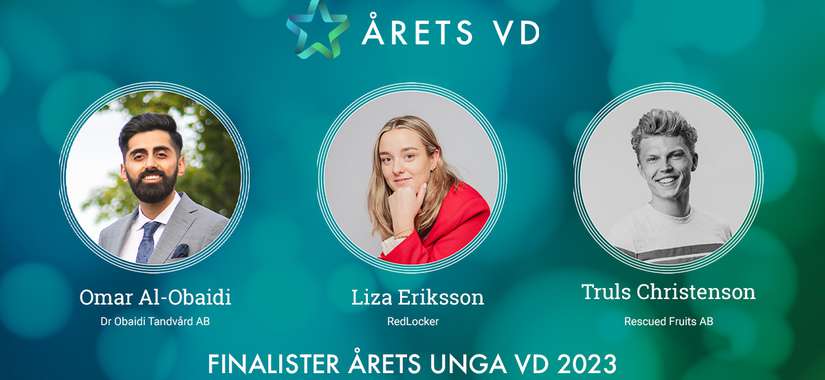 Finalister i kategorin Årets Unga VD 2023: Omar Al-Obaidi - Dr Obaidi Tandvård, Liza Eriksson -RedLocker & Truls Christenson - Rescued Fruits AB.
