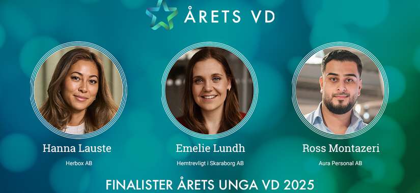 Finalister i kategorin Årets Unga VD 2025: Hanna Lauste - Herbox AB, Emelie Lundh - Hemtrevligt i Skaraborg AB, Ross Montazeri - Aura Personal AB.