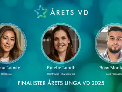 Finalister i kategorin Årets Unga VD 2025: Hanna Lauste - Herbox AB, Emelie Lundh - Hemtrevligt i Skaraborg AB, Ross Montazeri - Aura Personal AB.