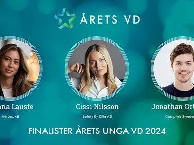 Finalister i kategorin Årets Unga VD 2024: Hanna Lauste - Herbox AB, Cissi Nilsson - Safety By Cilia AB, Jonathan Ortheden - Compileit Sweden AB.