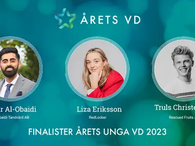 Finalister i kategorin Årets Unga VD 2023: Omar Al-Obaidi - Dr Obaidi Tandvård, Liza Eriksson -RedLocker & Truls Christenson - Rescued Fruits AB.