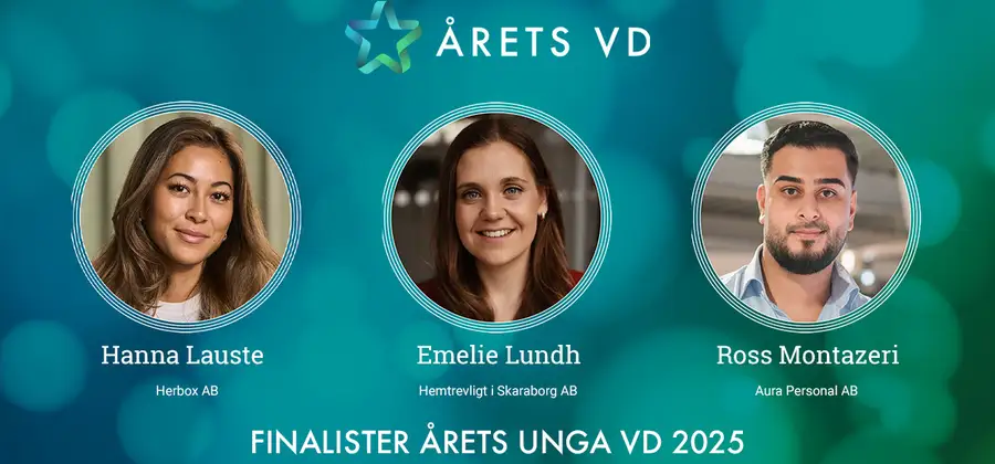 Finalister i kategorin Årets Unga VD 2025: Hanna Lauste - Herbox AB, Emelie Lundh - Hemtrevligt i Skaraborg AB, Ross Montazeri - Aura Personal AB.