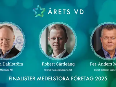 Finalister i Årets VD 2025 - kategorin Medelstora företag: Jörgen Dahlström - Mercodia AB, Robert Gärdeäng - Svensk Fordonsladdning AB, Per-Anders Marberg - Bengt Dahlgren Brand & Risk AB.