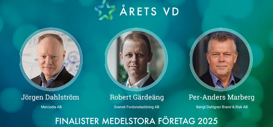 Finalister i Årets VD 2025 - kategorin Medelstora företag: Jörgen Dahlström - Mercodia AB, Robert Gärdeäng - Svensk Fordonsladdning AB, Per-Anders Marberg - Bengt Dahlgren Brand & Risk AB.