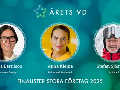 Finalister i Årets VD 2025 - kategorin Stora företag: Marita Bertilson - Specsavers AB, Anna Kleine - Fellowmind Sweden, Stefan Sjöstrand - SkiStar AB.