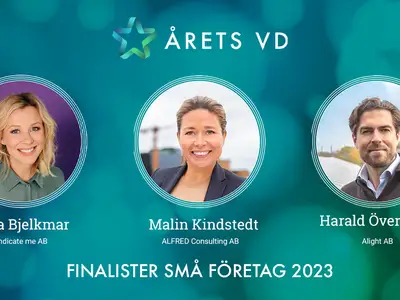 Finalisterna i Årets VD 2023 - Kategori Små företag: Lina Bjelkmar - Indicate me AB, Malin Kindstedt - ALFRED Consulting AB & Harald Överholm - Alight AB.