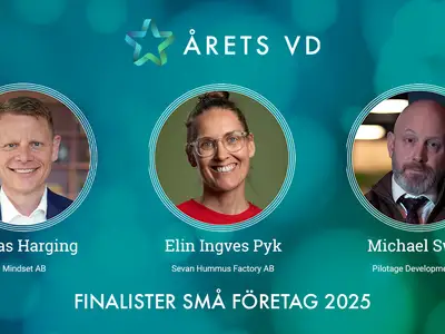 Finalister i Årets VD 2025 - kategorin Små företag: Niklas Harging - Mindset AB, Elin Ingves Pyk - Sevan Hummus Factory AB, Michael Swall - Pilotage Development AB.