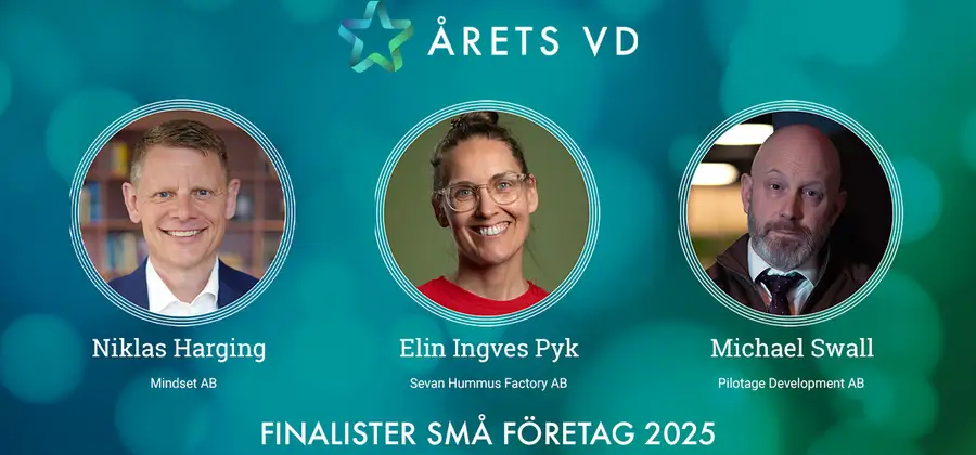 Finalister i Årets VD 2025 - kategorin Små företag: Niklas Harging - Mindset AB, Elin Ingves Pyk - Sevan Hummus Factory AB, Michael Swall - Pilotage Development AB.