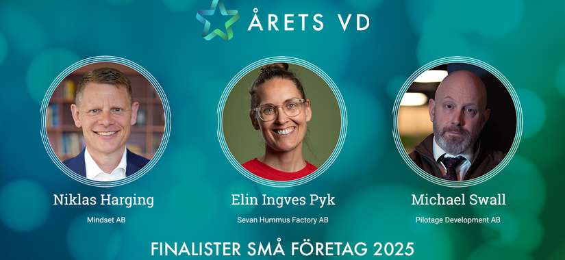Finalister i Årets VD 2025 - kategorin Små företag: Niklas Harging - Mindset AB, Elin Ingves Pyk - Sevan Hummus Factory AB, Michael Swall - Pilotage Development AB.