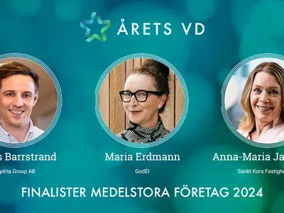 Finalister Årets VD 2024 i kategorin Medelstora företag: Tobias Barrstrand - Hydria Group AB, Maria Erdmann - GodEl, Anna-Maria Jakobsson - Sankt Kors Fastighets AB.