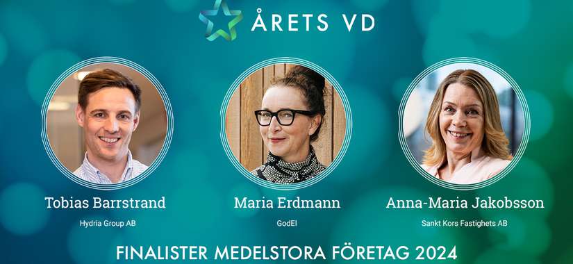 Finalister Årets VD 2024 i kategorin Medelstora företag: Tobias Barrstrand - Hydria Group AB, Maria Erdmann - GodEl, Anna-Maria Jakobsson - Sankt Kors Fastighets AB.