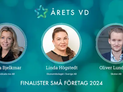 Finalister Årets VD 2024 i kategorin Små företag: Lina Bjelkmar - Indicate me AB, Linda Högstedt - Ekonomibolaget i Sverige AB och Oliver Lundgren - Skolon AB.