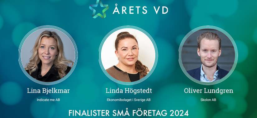 Finalister Årets VD 2024 i kategorin Små företag: Lina Bjelkmar - Indicate me AB, Linda Högstedt - Ekonomibolaget i Sverige AB och Oliver Lundgren - Skolon AB.