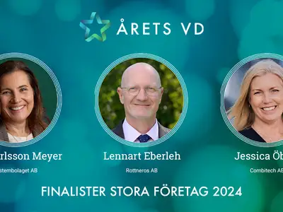 Finalister Årets VD 2024 i kategorin Stora företag: Ann Carlsson Meyer - Systembolaget AB, Lennart Eberleh - Rottneros AB och Jessica Öberg - Combitech AB.