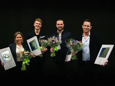 Vinnare av utmärkelsen Årets VD 2023: Malin Kindstedt - ALFRED Consulting AB, Truls Christenson - Rescued Fruits AB, David von Laskowski, Picadeli & Greenfood Group och Torbjörn Eriksson, Worklife Group AB.