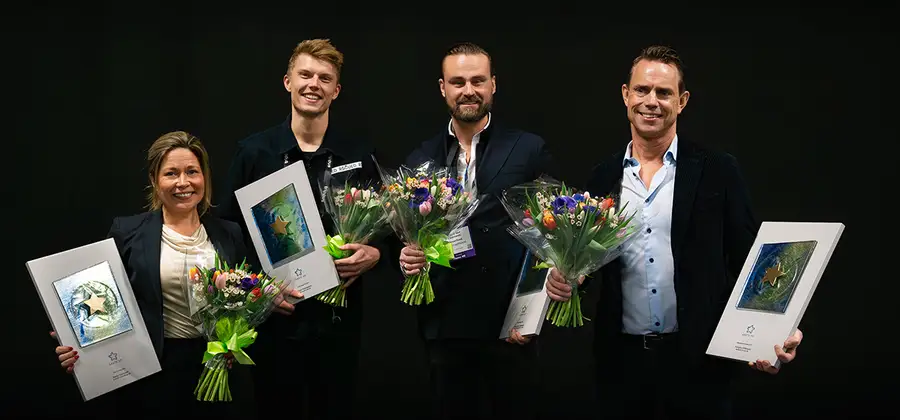Vinnare av utmärkelsen Årets VD 2023: Malin Kindstedt - ALFRED Consulting AB, Truls Christenson - Rescued Fruits AB, David von Laskowski, Picadeli & Greenfood Group och Torbjörn Eriksson, Worklife Group AB.